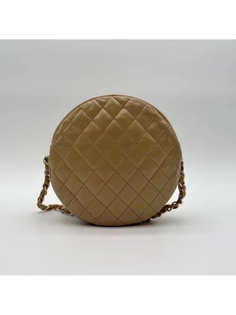 Chanel Shoulder Bag CC Logo Quilted Round Lambskin Leather Beige Chain
